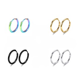 Surgical Stainless Steel Thin Hoop Earrings 6mm/8mm/10mm Small Huggie Hoop Earrings for Women and Men (B: Diameter 8mm (4 Color),4 Pairs)