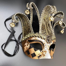 MasqStudio Couples Masquerade Jolly Jester Mask Cosplay Mardi Gras Prom Dance Birthday Party Wear or Deco (Black Gold)