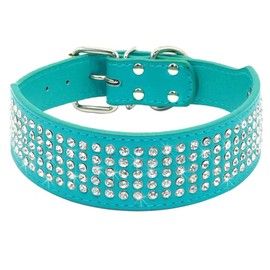 Berry Pet Rhinestones Dog Collars - 5 Rows Full Sparkly Crystal Diamonds Studded PU Leather - 2 Inch Wide -Beautiful Bling Pet Appearance for Medium & Large Dogs,19-22" Turquoise