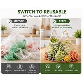 5-Pack Beige Cotton Reusable Mesh Shopping Bag 20cm