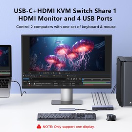 UGREEN USB-C+HDMI KVM Switch 1 Monitor 2 Computers with 4 USB 3.0 Ports 4K@60Hz Aluminum for 1 Laptop & 1 Desktop Share One Monitor Keyboard Mouse Printer with 1 HDMI Cable+2 Type-C Cables