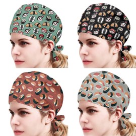 Babrukda 4 Pack Cap with Sweatband Adjustable Tie Back Hat Headgear Xmas Beanie, Sushi Stylish Pattern, One Size