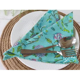 Craftbot Soft Washable Thin Cotton Dinner Napkins 18x18 inches - Set of 6 - Everyday Use or Dinner Party and Events - Sea Green and Turquoise and Yellow Floral Lightweight Indian Block Print Fabric