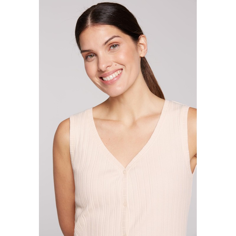 SOCCX Women's Buttoned Ribbed V-Neck Top, Milky Beige, XS