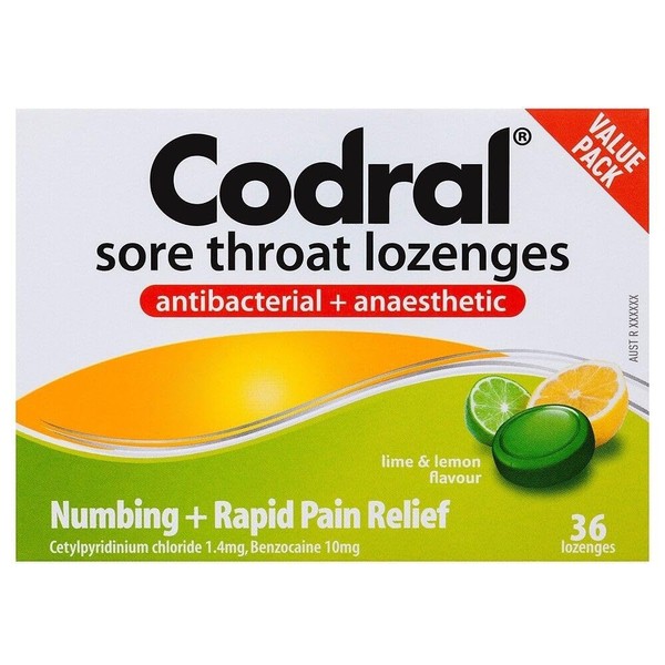 CODRAL Sore Throat Lozenges Lime & Lemon, 36 count, Pack