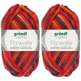 2 x 50 g Gründl Felt Wool Colour Made from 100% Pure Virgin Wool Including Instructions for Pot Holders (21 Red Orange Black Multicolour)
