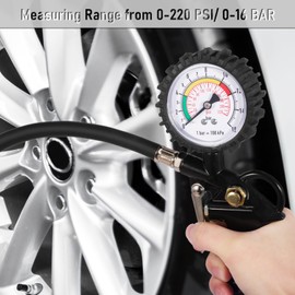 GLOSKIN Reifendruckprüfer, 220PSI Luftdruckprüfer Mit Ventilkernwerkzeug, Reifenfüller Mit Manometer,Reifenfüller Geeicht,Kompressorteil für Autos, Motorräder, Lkw, Fahrräder