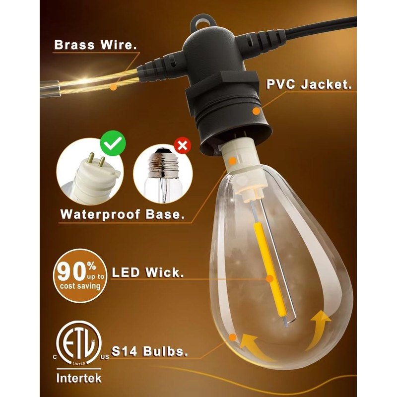 Jerritte 100FT LED Outdoor String Lights with 30 Edison Shatterproof