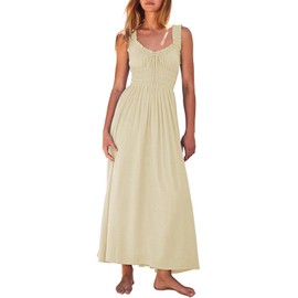 Duigluw Summer Dress Casual Women Fashion Sleeveless Smocked Tank Pleat Long Tiered Maxi Dresses Apricot M