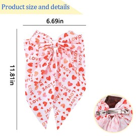Heart Print Bow Hair Clips Decorations for Women Long Tail Ribbon Hair Bows Decor for Girls Satin Red Love Heart Pattern Bow Clip Large Bowknot Barrettes Oversize Ribbon Clips Accessories