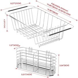 Small Dish Drainer Rack in Sink Adjustable, Expandable 304 Stainless Steel Metal Dish Drying Rack Organizer with Stainless Steel Utensil Holder Over Inside Sink Counter, Rustproof(For 1-2 People)