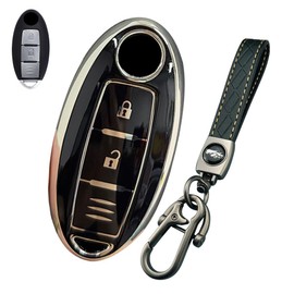 [LETINGFAR] キーケース 日産用 スマートキーケース キーカバー 柔らかい TPU素材 3ボタン 日産専用設計 キーホルダー セレナ/エクストレイル/エルグランド/スカイライン/ノート 等に適用キーケース (ブラック (キーホルダー付き))