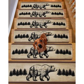 Chees D Zone Stair Treads for Wooden Steps,Retro Pine Tree Bear Silhouette Non Slip Stair Carpet Indoor Stair Runner Staircase Step Treads,Black Animal Vintage Back Stair Mat 8x30in 10 Pcs