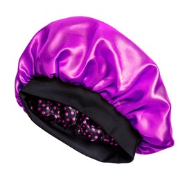 Red by Kiss Silky Satin Hair Bonnet – Dual Layer for Moisture Retention, No-Slip & Comfortable, Breathable Fabric for Hair Protection & Style Maintenance (Reversible, Wide Band, Purple & Polka Dot)