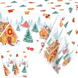 PHOGARY 2 Pack Christmas Tablecloths Gingerbread Tablecloth, Gingerbread House Tablecloths Disposable Christmas Plastic Tablecloth for Winter Holiday Party Gingerbread Christmas Decorations 51"X86"