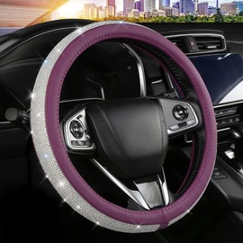 Purple Bling Diamond Steering Wheel Cover, Leather with Crystal Rhinestones, Universal 14.5-15 Inch for Ladies