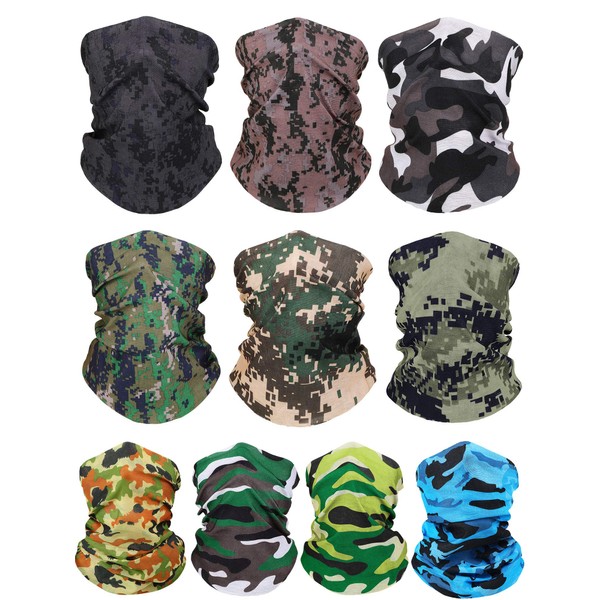 10 Pieces Seamless Bandanas Face Cover Magic Scarf Neck Gaiter Seamless Dustproof Neck Warmer Headbands (Camouflage Style)