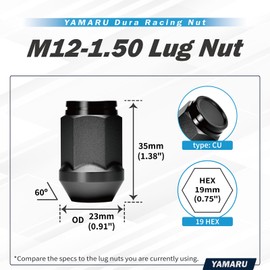 YAMARU M12x1.50 19mm(3/4”) Hex One-Piece Bulge Acorn Dura Racing Lug Nuts Cold-Forged 7075 Aluminum (20pcs - Anodized Black - CU)