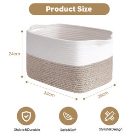 MEETOZ Woven Storage Basket, Cotton Rope Storage Basket with Handle, Square Shelf Baskets for Toys, Books, Shoes, Decorative Baskets for Living Room Bedroom Bathroom Organisation, 33x28x24cm (Brown)