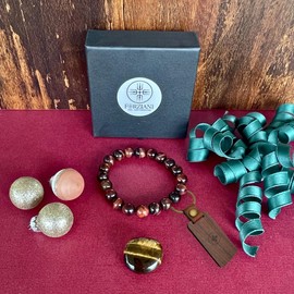 Forziani Mens Natural Stone Bracelet Gift Set – Tigers Eye Bracelet with Natural Crystal and Wooden Keychain - Luxury Gift Box with Leather Pouch Packaging Included