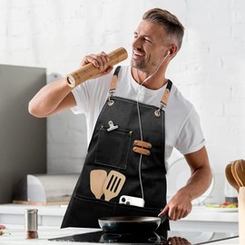 Canvas Aprons, Work Apron with 3 Tool Pockets, Cooking Aprons with Adjustable Strap, Aprons for Men and Women, Apron for Cooking, Gardening, Woodworking, Kitchen, Baking,, black