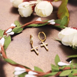 Milacolato 925 Sterling Silver Hoop Earrings 18K Gold Plated Cross Hoop Earrings Pave CZ Gold Minimalist Dangle Cross Earrings for Women - Gold Cross