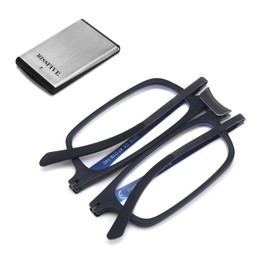 Missfive Premium Folding Reading Glasses Blue Light Blocking for Men Women, Ultra Thin Foldable Portable Travel Readers with Durable Pocket Metal Case, Black Lightweight Compact Eyewear 1.0x