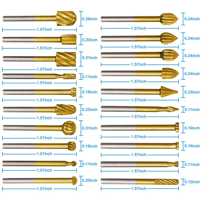20pcs Rotary Bits Burr Set with 1/8 inch Shank for