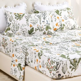 Lady Ann Floral Full Size Sheet Sets 100% Cotton - Yellow Flowers & Leave Plant Pattern Botanical Printed Bedding Sheets Full Size Bed Extra Soft and Breathable 4pcs Deep Pockets Bed Sheets