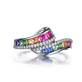 Multi-Color Rainbow Band Ring with Clear CZ Stone Settings for Women's,925 Sterling Silver Plated Princess Cut Eternity Wedding Bands Promise Engagement Rings for Her Size 6#
