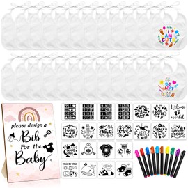 Newwiee 55 Pcs DIY Baby Bibs Set Includes 22 White Feeder Bibs 22 Stencils 10 Fabric Markers 1 Wooden Baby Shower Game Sign (Rainbow)