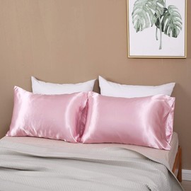 LCBD Standard Size Satin Pillowcase for Hair and Skin, Pink Silk Satin Pillowcases Set of 2, Satin Cooling Pillow Covers with Envelope Closure, 20x26 Inches