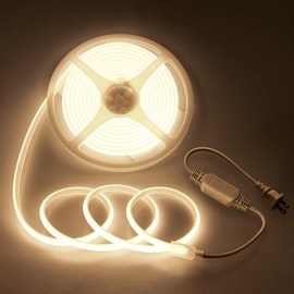 Aclorol 100FT Outdoor COB LED Strip Lights Waterproof Warm White 1 Roll AC 110V-120V Flexible Dimmable LED Lights Strip with Remote High Density COB LED Rope Light for Garden Commercial Building 3000K