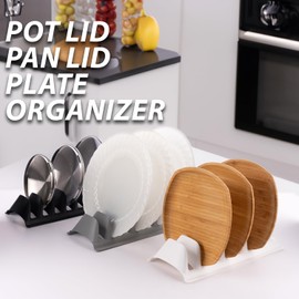 EYNEL - Juego de 3 soportes para tapa y platos con 7 compartimentos, organizador de plástico para sartén, divisores de utensilios de cocina, soporte de almacenamiento para clóset y encimera, diseño que ahorra espacio (blanco, 3)