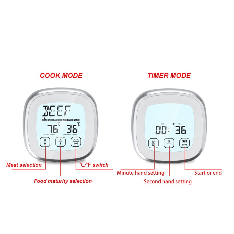 Wireless Food Thermometer Electronic Digital Touch Screen W/Timer Alarm for