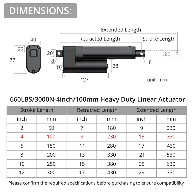 Justech 12V Heavy-Duty Linear Actuator 660lbs/3000N-4inch/100mm Silent IP65 Electric Actuator