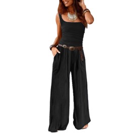 AGUCEG Women's Summer Jumpsuit Square Neck Sleeveless Jumpsuit Wide Leg Romper with Pockets Elegant Casual One-Piece Baggy, black, XL