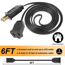 3 Pack Black Extension Cord 6 Feet Waterproof, 2 Prong Extension Cords with 2 Pole Brass Straight Blades Polarized Plug Short Extension Cords, for Connect/Extend String Light Indoor Outdoor (18Ft)