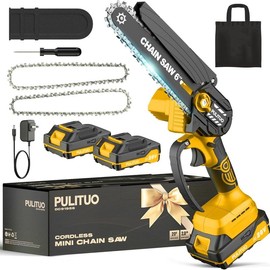 PULITUO 20V Mini Chainsaw Cordless, 6 Inch Battery Powered Electric Chainsaw with 2 Batteries, Lightweight Handheld Saw for Tree Trimming, Wood Cutting, Pruning - Color: Yellow (2 Batteries)