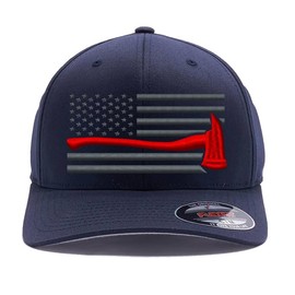 Thin Red Line Firefighter Axe USA Flag hat. Embroidered 6277 Flexfit Wooly Combed / 6477 Flexfit Wool Blend hat (Dark Navy, L/XL)
