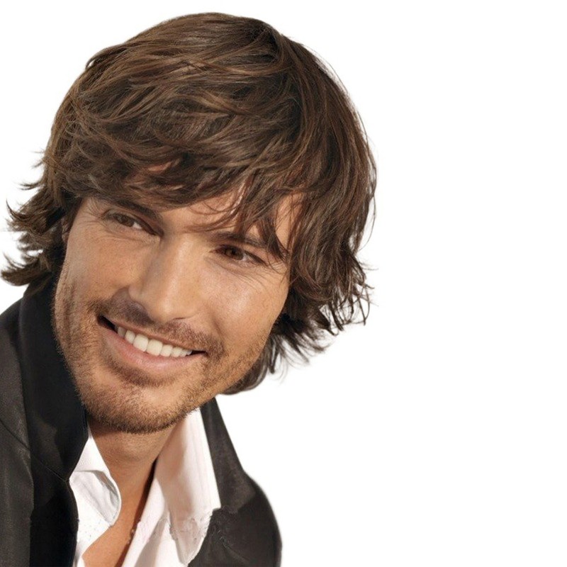 Mens Short Wig with Long Bangs Adjustable Brown Soft Simulation