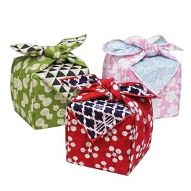 Furoshiki reversible japonés - Juego de 3 paños de envoltura tradicionales, albaricoque japonés/pino y bambú rojo/azul marino, calabaza/dragón escala verde/azul marino y flor de cerezo/ola morado/azul - Fabricado en Japón