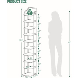 Hzuaneri 10 Tiers Vertical Shoe Rack, Narrow Shoe Tower, Tall Shoes Shelf with 2 Hooks, Adjustable Shelves, Corner Shoes Shelves for Small Spaces, Entryway, Living Room, Rustic Brown SR11201B