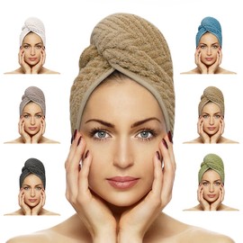 FAB-ON UK Hair Dry Towel Turban Style 100% Cotton Instant Drying Quick Absorbent Lightweight Button & Loop Closure One Size Hair Dry Cap For Curly Long Hair 64x24cm