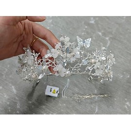JEAIRTS Light Up Rhinestone Butterfly Headband Sparkly Flower Pearl Wedding Fairy Headpiece Led Costume Hair Accessories for Women (1-Silver, Free Size)