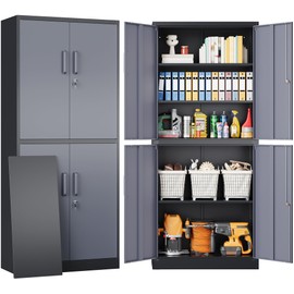SISESOL Metal Storage Cabinets with Doors and Shelves,71" Metal Garage Storage Cabinet with Lock,Gray Steel Cabinet with Locking Doors,4 Door Lockable Cabinets for Garage,Home,Office