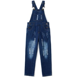 KIDSCOOL SPACE Girls Classic Big Bib Ripped Holes Jeans Overalls Pants,Blue,5-6 Years
