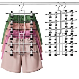 DAMITA Skirt Pants Hangers with Clips Space Saving Hanging Closet Organizer 6 Tiers Hanger with 360° Swivel Hook, Finger-Safe Design- College Dorm Room Apartment Essentials 2-Pack