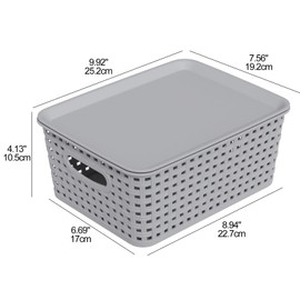 Wekioger Small Plastic Woven Basket, 6 Pack Grey Lidded Storage Basket Bins
