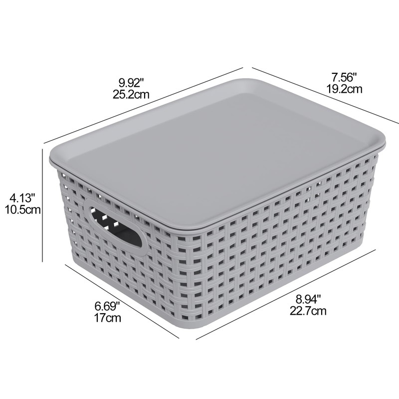 Wekioger Small Plastic Woven Basket, 6 Pack Grey Lidded Storage
